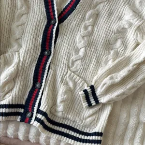 American Eagle Classic White Cable Knit Cardigan with Navy and Red Accents thumbnail 4