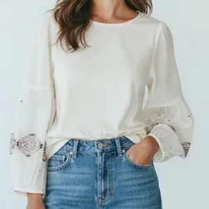 New Cost Plus World Market Cream Blouse Embroidered Sleeves sheer poof Sleeves thumbnail 4