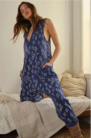 Free People What's Up Jumpsuit Womens XS Blue Geometric V Neck Relaxed Casual thumbnail 1