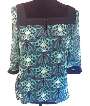 100% Silk Express Blouse Butterfly Blue Teal S Top v6x thumbnail 1