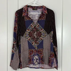 Crosby Large Purple, Red Boho Pattern 70s Button Down Long Sleeve Shirt thumbnail 3