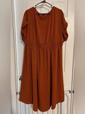 SHEIN Rust Orange Short Sleeve Smocked Midi Dress thumbnail 2