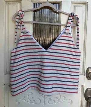 Zara Trafaluc Striped Tie Shoulder V-Neck Camisole Top Red White Blue Large NWT thumbnail 1