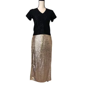 Gold Sequin Maxi Midi Skirt Size XS Slit Party Festive Fairy Whimsical Metallic thumbnail 2