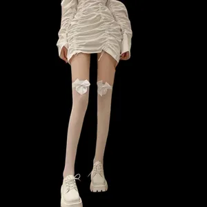 White Bow Thin Light‎ Smooth Over The Knee Socks Women's Stockings One Size thumbnail 2