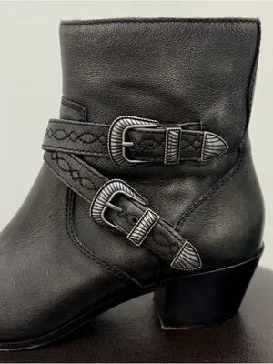 Frye Dark Pewter Leather Ellen Buckles Pointed Toe Block Heel Ankle Boots 7.5 M thumbnail 2