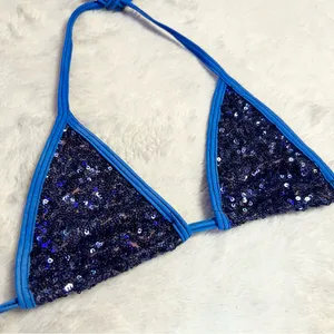 Royal Blue Sequin Triangle String Bikini Top Size Small thumbnail 2