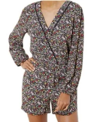Ann Taylor Loft Ditsy Dark Floral Black Long Balloon Sleeve Romper Size Medium thumbnail 1