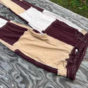 Brown patchwork pants blush mark size‎ small fall winter BoHo aesthetic grunge thumbnail 3