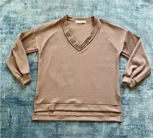 Altar'd State Ada Taupe Tan Oversized Relaxed Fit Ribbed Boxy Long Sleeve Top XS thumbnail 1