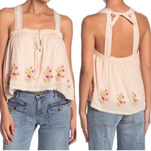 Free‎ People | Embroidered Floral Boho Beige Pink Lace Trim Tie Back Tank Top, M thumbnail 2