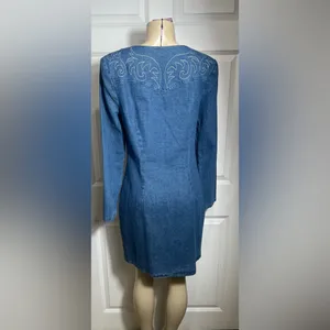 Avec Les Filles Western Embroidery Long Sleeve Straight Neck Denim Mini Dress thumbnail 12