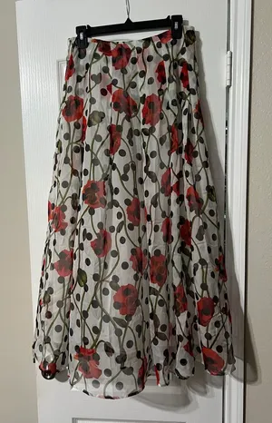 Only White Sheer A-Line Midi Skirt with Red Floral and Black Dots thumbnail 1