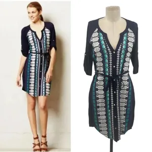 Anthropologie Tiny‎ Nadia Shirt Dress Button Embroidered Navy Blue Teal Size XS thumbnail 2