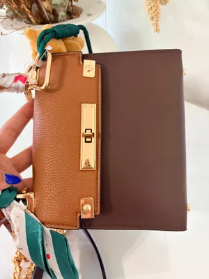 ALDO Brown Top Handle Satchel Handbag Scarf Charm Gold Chain Preppy Chic Quiet Luxury thumbnail 8