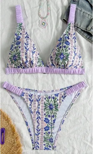 SheIn 2pcs Women Swimsuit Set With Random Purple Print thumbnail 1