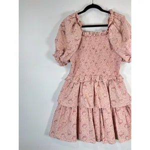 Hyacinth House Womens Dress Beige Mini Floral Smocked Ruffle Puffed A Line Large thumbnail 8