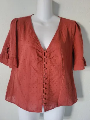 Madewell Women's Rust Red Button-Front V-Neck Blouse Size 6 thumbnail 1