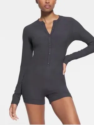 SKIMS Soft Lounge Long Sleeve Henley Romper in charcoal L thumbnail 1