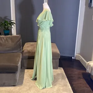 Women’s Full Length Green Chiffon Ruffle Dress Corset Back Leg Slit Size 12 thumbnail 4