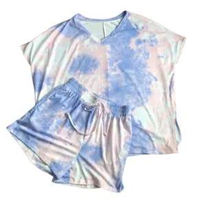 Boutique Lot 2~2PC Tie Dye Pajama Sets Sz L SS Tee Short Drawstring Blue Lounge thumbnail 1