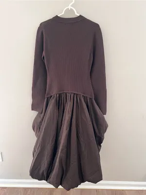 SIMKHAI Kenlie Ribbed Knit Bodice Taffeta Bubble Dress Brown Size Large NWOT thumbnail 8