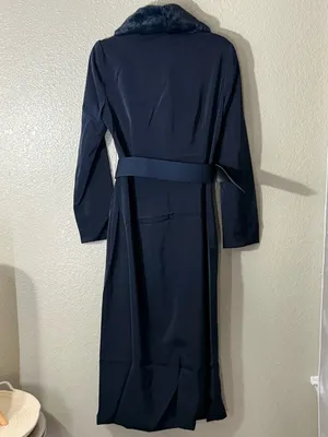 NEW Naked Wardrobe Navy Blue Faux Fur Collar Belted Long Coat Small Winter Lux thumbnail 9
