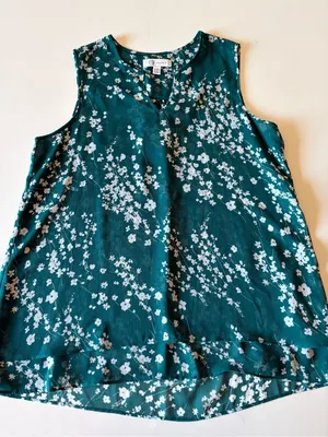 Cristina B Womens Blouse Tank top layered front Teal Floral Design Size Large thumbnail 1