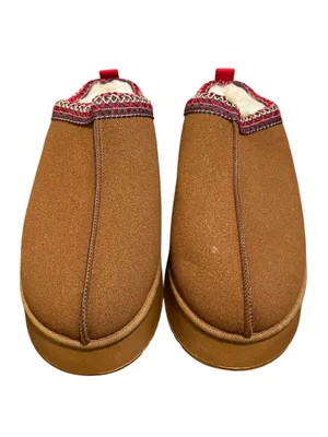 Women’s Size 40 Platform Slippers Suede Fluffy Soft Lined Brown Embroidered Trim thumbnail 3