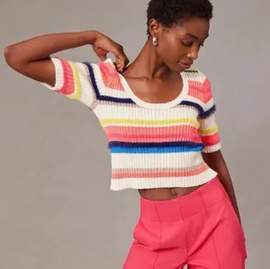 Anthropologie Maeve Neon Fuzzy Striped Top M thumbnail 1
