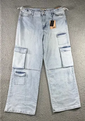 Love Cult Cargo Pants Women 1X 36x29.5 Wide‎ Leg Stretch Utility Denim Jeans NWT thumbnail 1