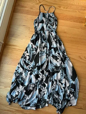 Free People Intimately Tropical Floral Smocked Halter Maxi Dress Black Blue S thumbnail 3