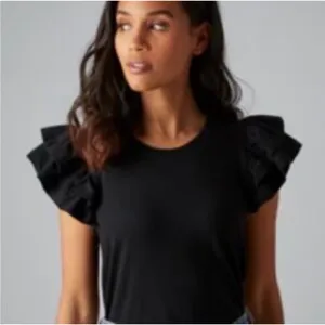 Anthropologie Woven Ruffle Sleeve Top Black Rib Knit Fitted in size XL. NWT. thumbnail 1