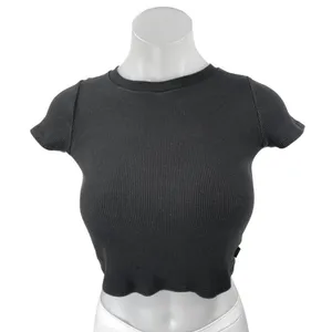 Aritzia TNA Women Black Sculpt Short Sleeve Ribbed Knit T Shirt Tee Crop Top XXS thumbnail 1