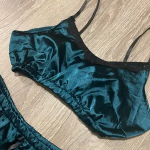 Emerald Satin Lace Pajama Set | Cami Crop Top & Boyshorts Small thumbnail 4