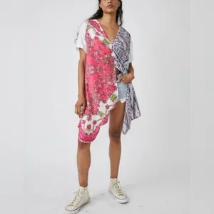 Free People Knot Me Floral Geometric Scarf Mix Media Tie-Front Blouse Top L thumbnail 4