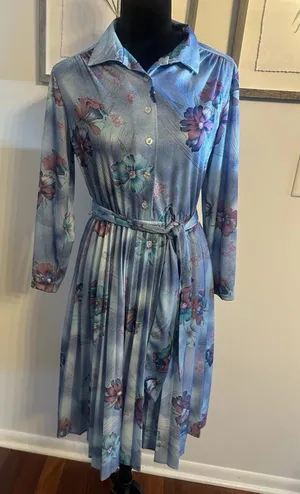 VTG 70’s Sears Floral Dress Pleated Skirt Elastic Tie Waist Long Sleeve Medium?? thumbnail 1