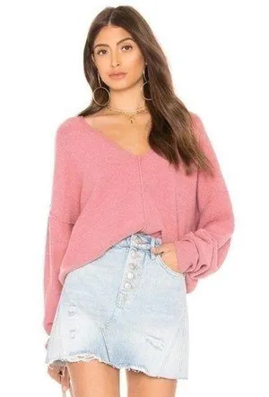 Free People Take Me Places Pink Oversized V-Neck Sweater Extra Small thumbnail 1