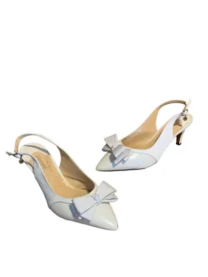 J. Renee White Faux Leather & Cloth Sling Back Kitten Heel Shoes (11w) thumbnail 3