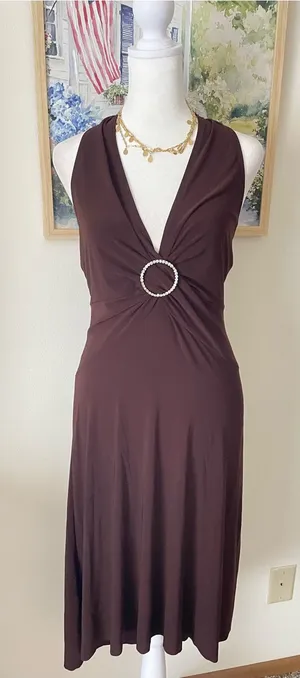 B. Smart Y2K Rhinestone Circle O-Ring Slinky Halter Midi Dress Chocolate Brown thumbnail 1