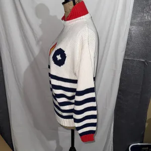 Chicken Face Intarsia Knit Sweater Women M White Blue Red Nautical‎ Coastal thumbnail 5