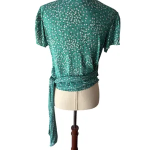 Billabong Wrap Tie Blouse Green White Polka Dot Short Sleeve Cotton Polyester S thumbnail 5