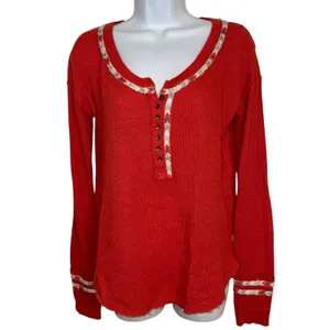 FREE‎ PEOPLE WE THE FREE Rainbow Thermal Waffle Knit Embroidered Henley Top M thumbnail 2