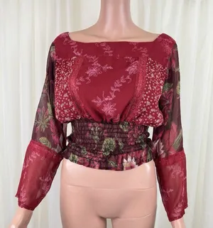Passport Floral Smocked Elastic Waist Peasant Top Blouse Size L Burgundy thumbnail 1