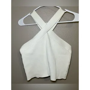 Quince White Cropped Halter Ribbed Knit Sleeveless Tank Top Women’s Size Large thumbnail 2