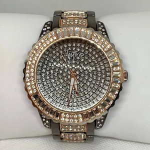 DayTrip iced dial gold black tone women watch large case 46mm size 6.5” running thumbnail 1