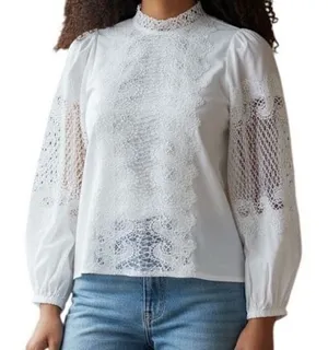 GRACIA Pure‎ White Lace Balloon Sleeve Mock Neck Victorian Blouse Top EUC Size M thumbnail 1