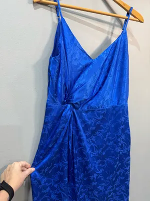 Blue Lulu's Satin Jacquard Side Knot Wrap Dress Size L EUC thumbnail 6