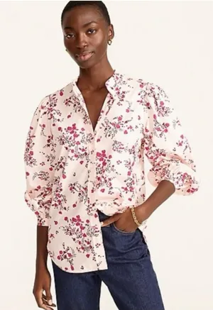 J.Crew Classic-Fit Collarless Puff Sleeve Pink Budding Floral Shirt Blouse NWT thumbnail 1