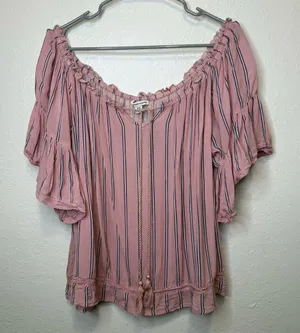 American Eagle Pink Striped Boho Peasant Tassel Tie Top Size XL Festival Flowy thumbnail 1